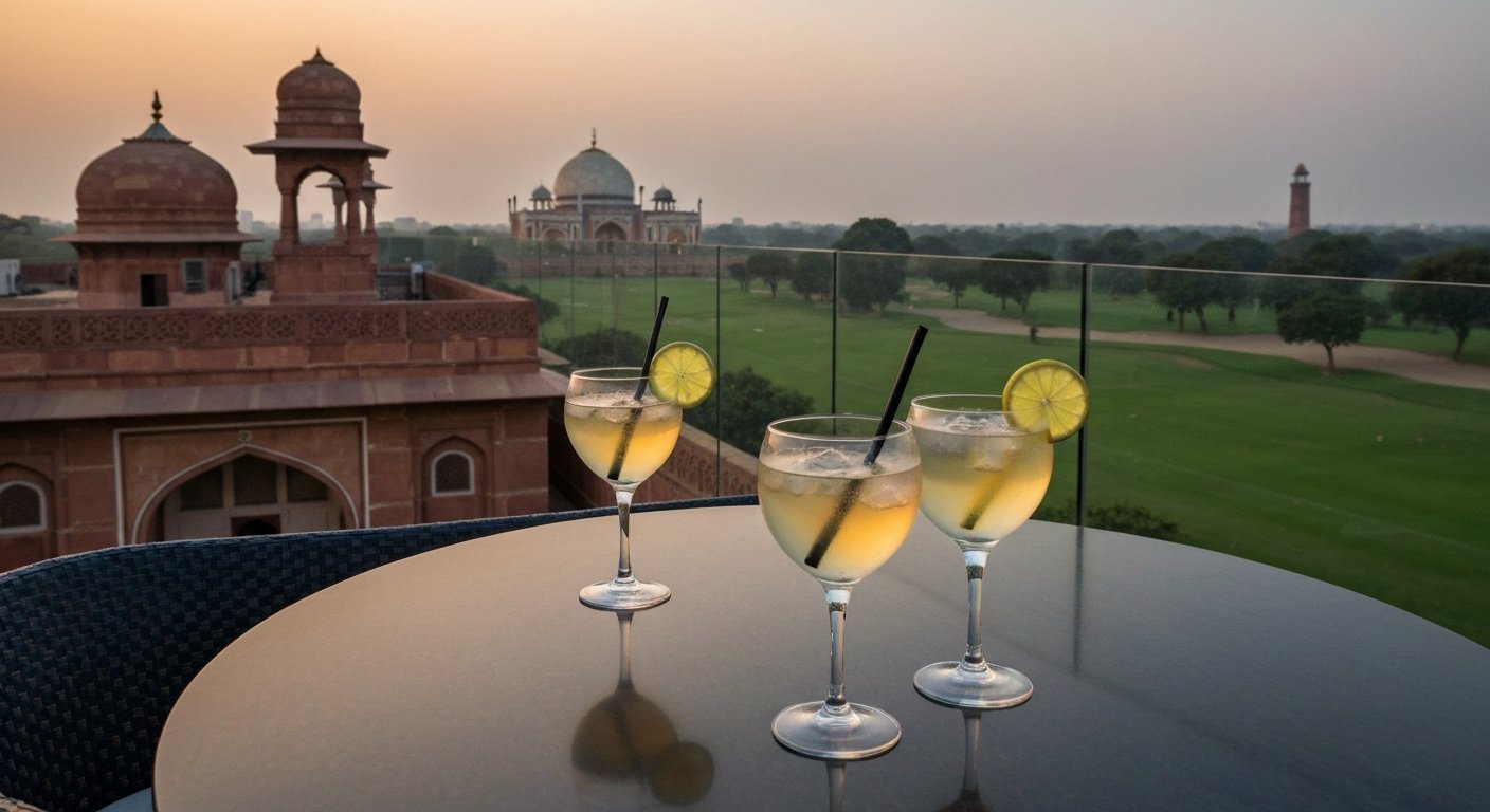 Cirrus 9 at The Oberoi at dusk, rooftop cocktail glasses with the Delhi Golf Course and distant Humayun's Tomb beyond