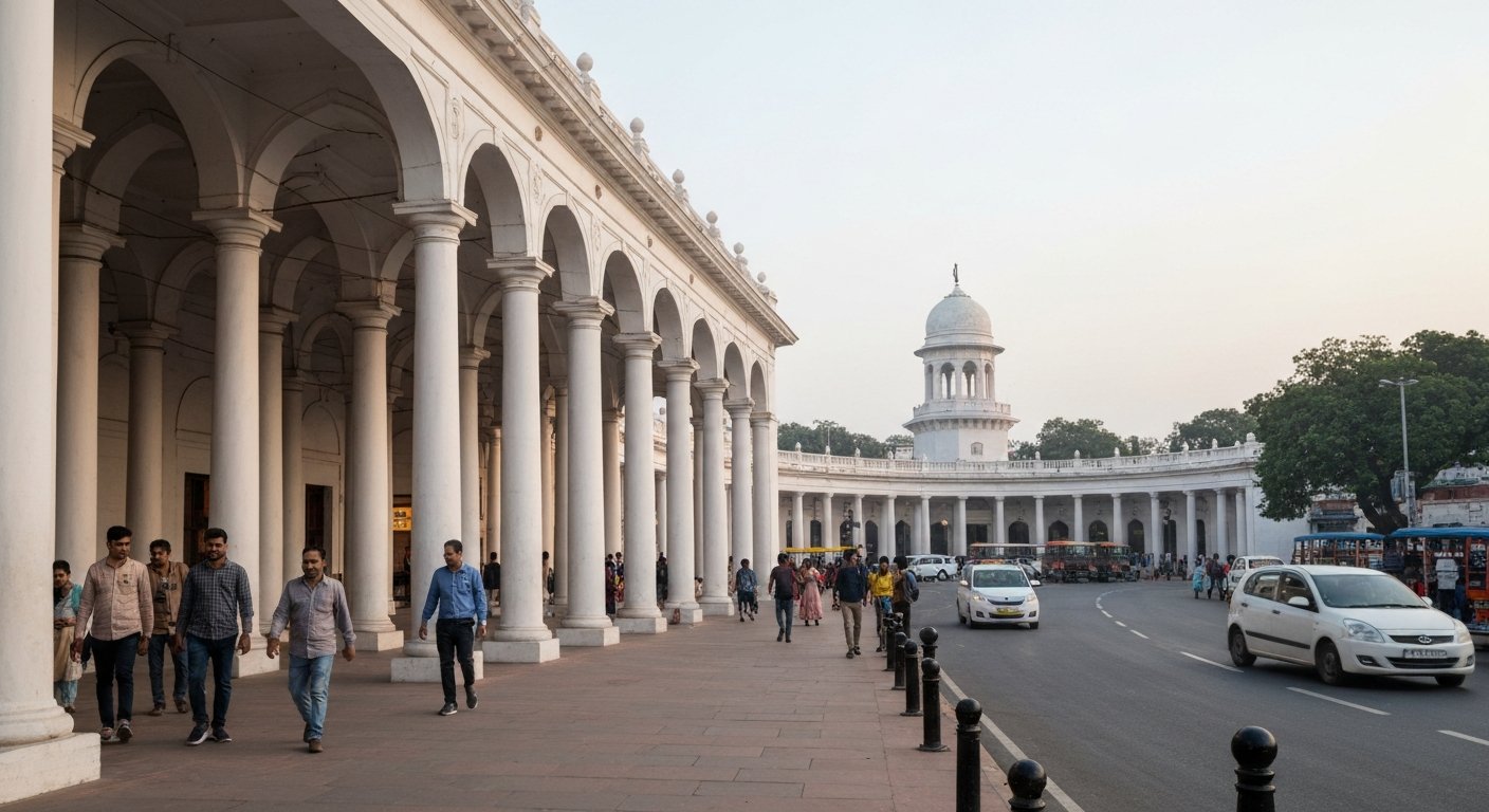 the white colonnades of Connaught Place’s inner circle in late afternoon light, pedestrians moving beneath the covered arcade and traffic circling beyond