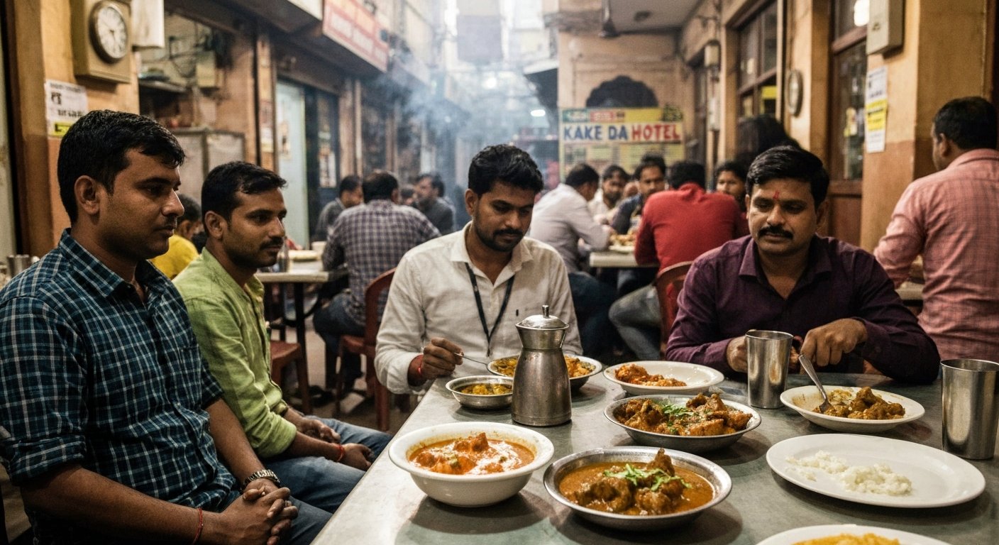 a crowded table at Kake da Hotel in the Outer Circle, bowls of smoky butter chicken and mutton curry under warm indoor light, with the cramped dining room in the background