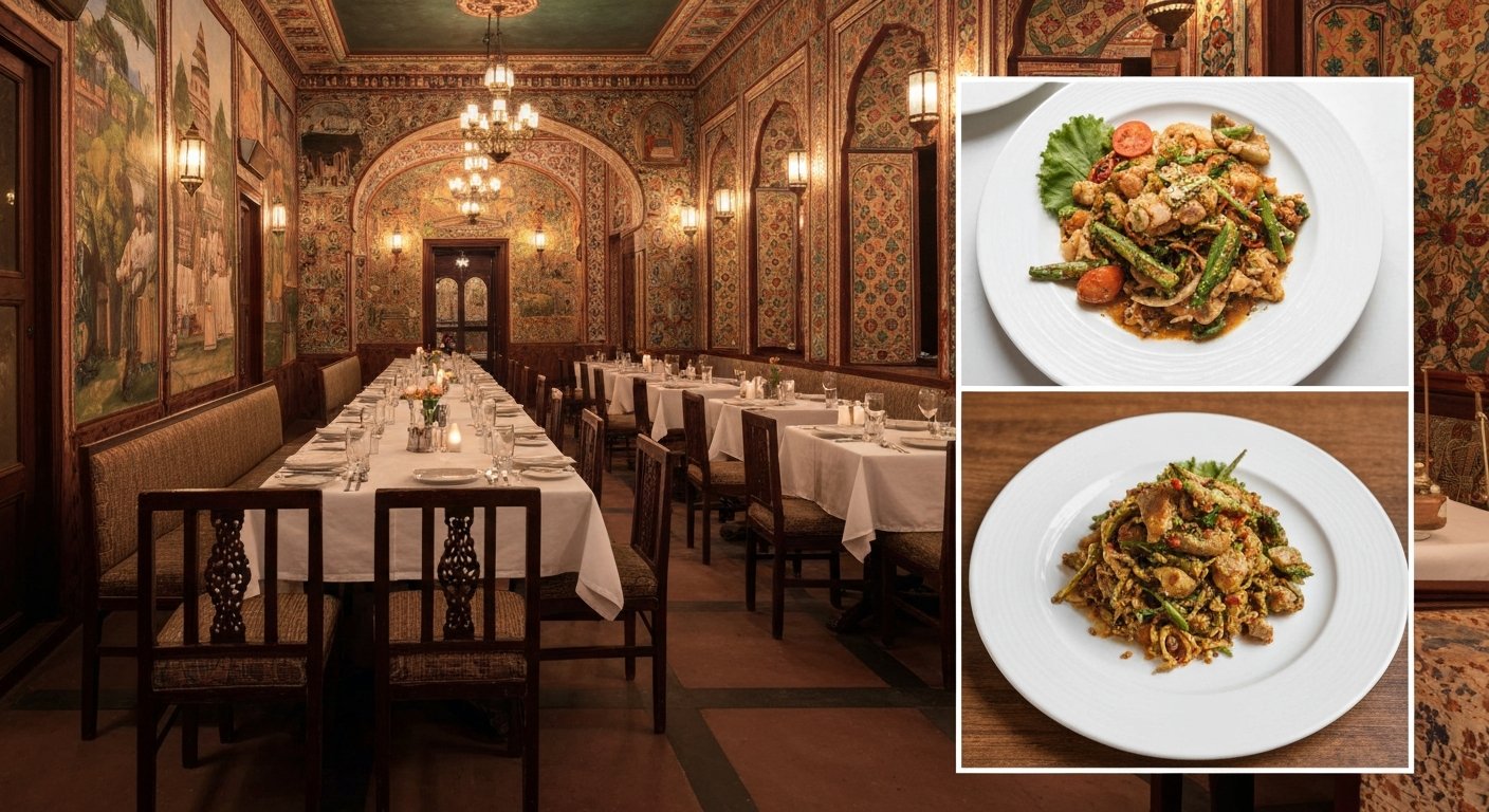 the mural-lined dining room at The Spice Route in The Imperial, with long tables, warm lantern light and richly patterned walls framing a plated Southeast-Asian dish