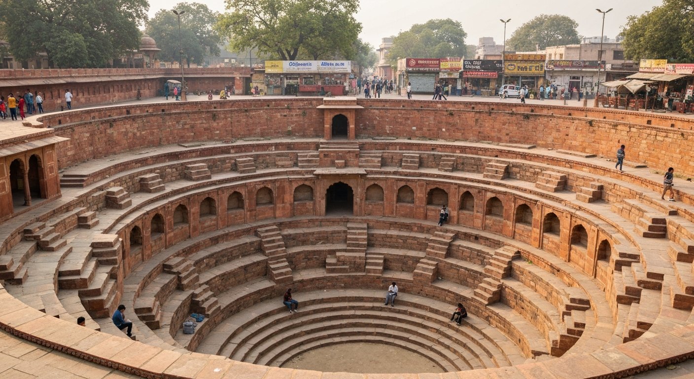 Agrasen ki Baoli on Hailey Road, its 108 stone steps dropping through arched tiers into a dry pit, shot from above in soft morning light
