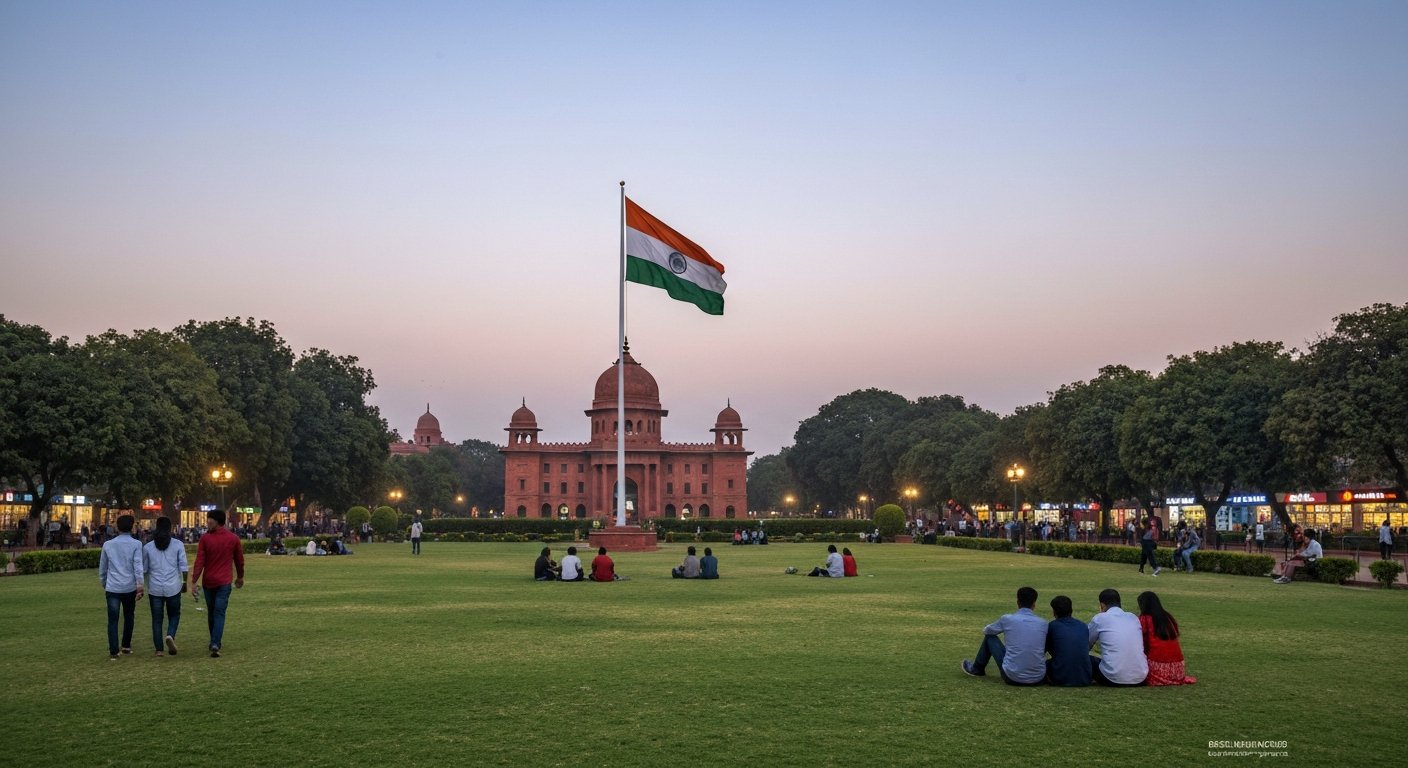 Central Park at the centre of Connaught Place at dusk, the large national flag rising above open lawns with people sitting and walking across the grass