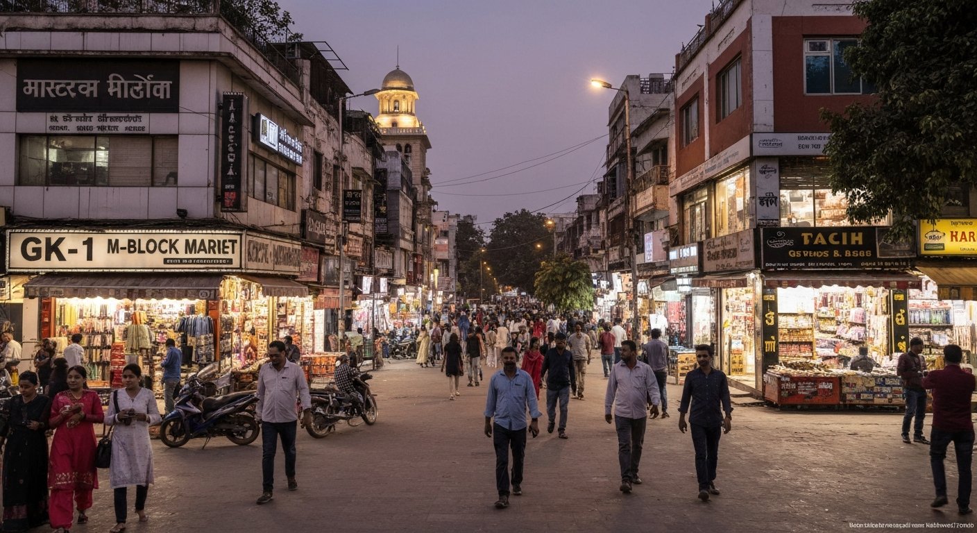 GK-1 M-Block Market in Greater Kailash at dusk, multi-storey shopfronts glowing above a busy pavement of families and office crowds