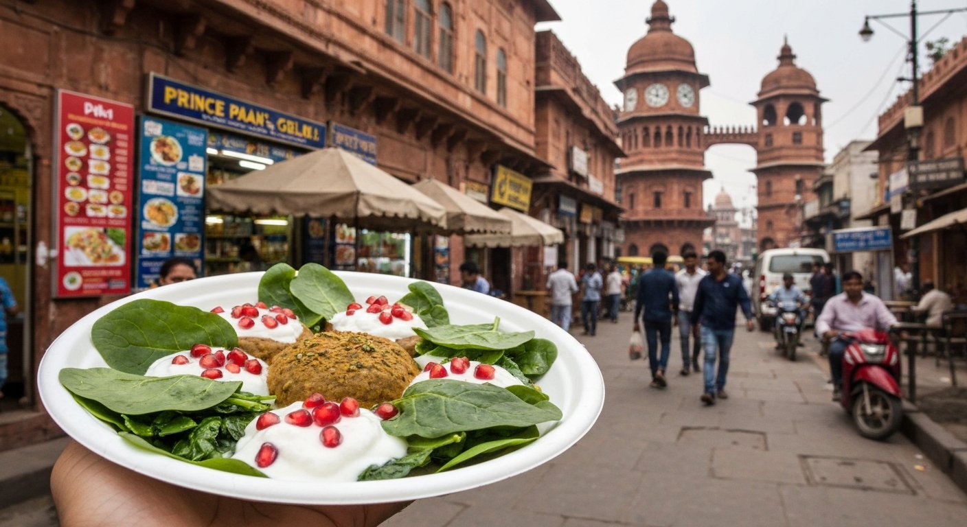 a plate of Prince Paan’s palak patta chaat in GK-1 M-Block, crisp spinach leaves under yoghurt and pomegranate at street level
