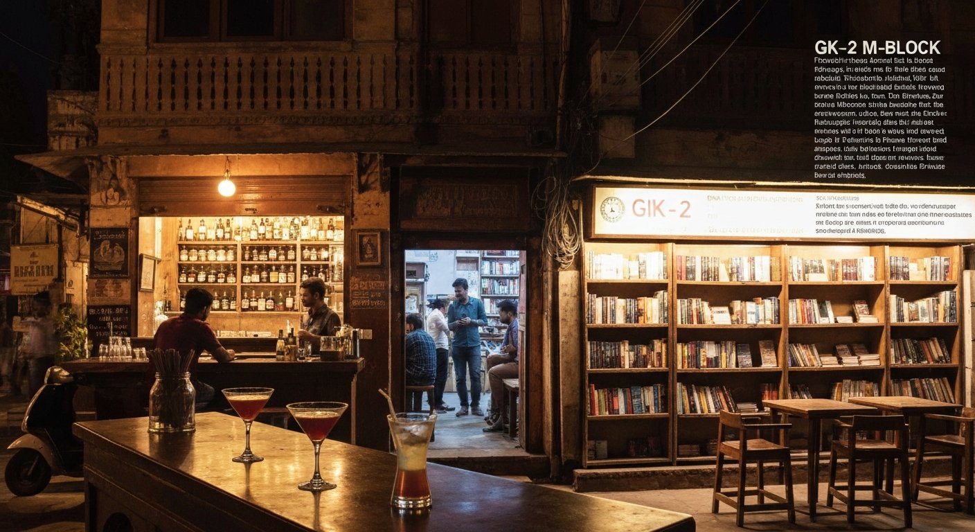 Sidecar in GK-2 M-Block at night, the upstairs bar glowing over the ground-floor bookshop, cocktails on a dim counter