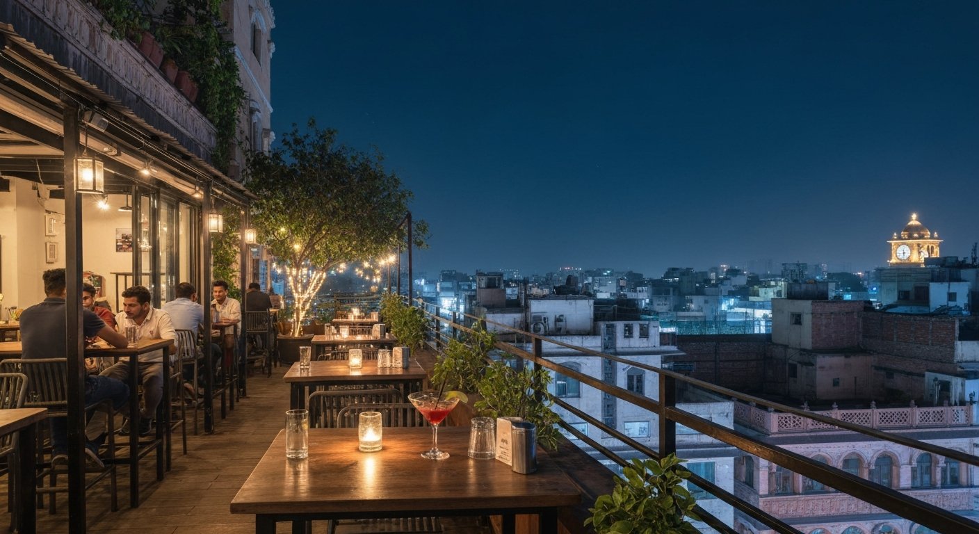 Strangr rooftop above Greenr in GK-1 N-Block, open-air tables at night with mezcal cocktails and the city lights beyond