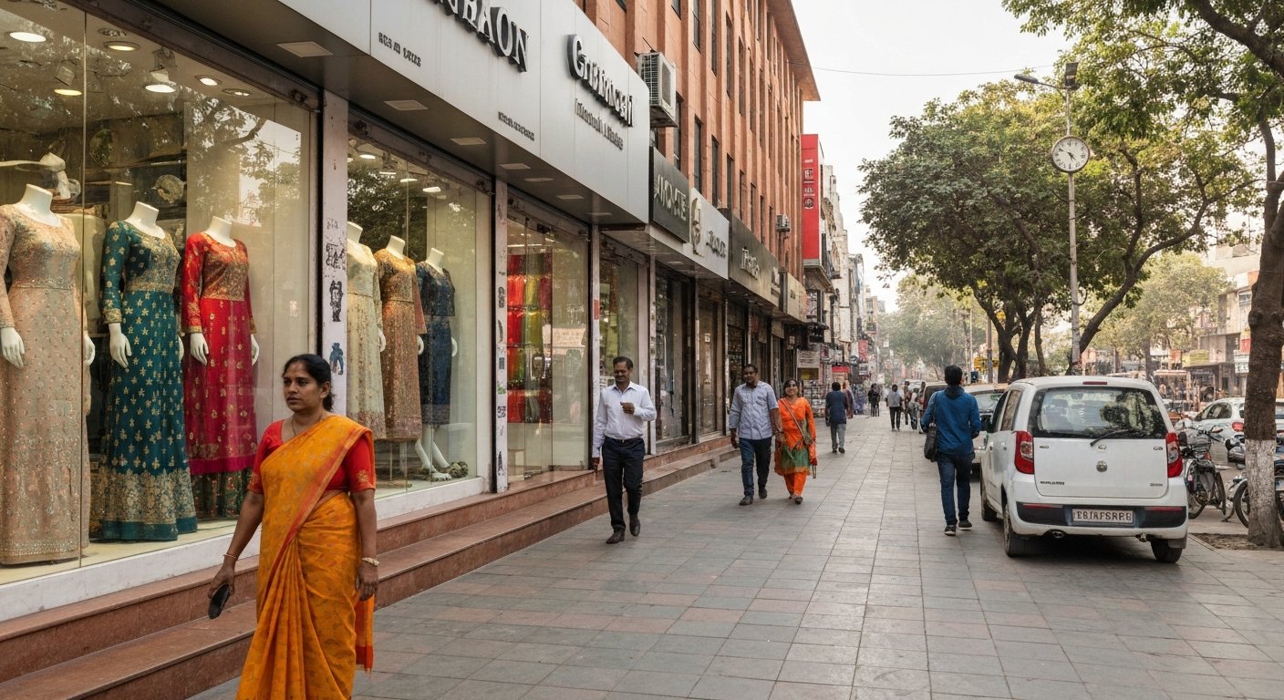 South Extension market on a bright afternoon, glassy storefronts for sarees and international brands facing the Ring Road