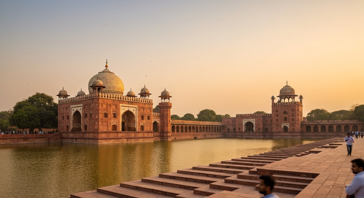 the Hauz Khas Complex at dusk, Firoz Shah Tughlaq’s tomb and the madrasa stepping down toward the reservoir, the water turning gold under a low Delhi sky