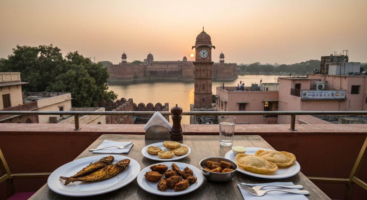 a rooftop table at Coast Cafe above Ogaan, fish fry and appams on the table with the Hauz Khas fort and lake visible beyond at sunset