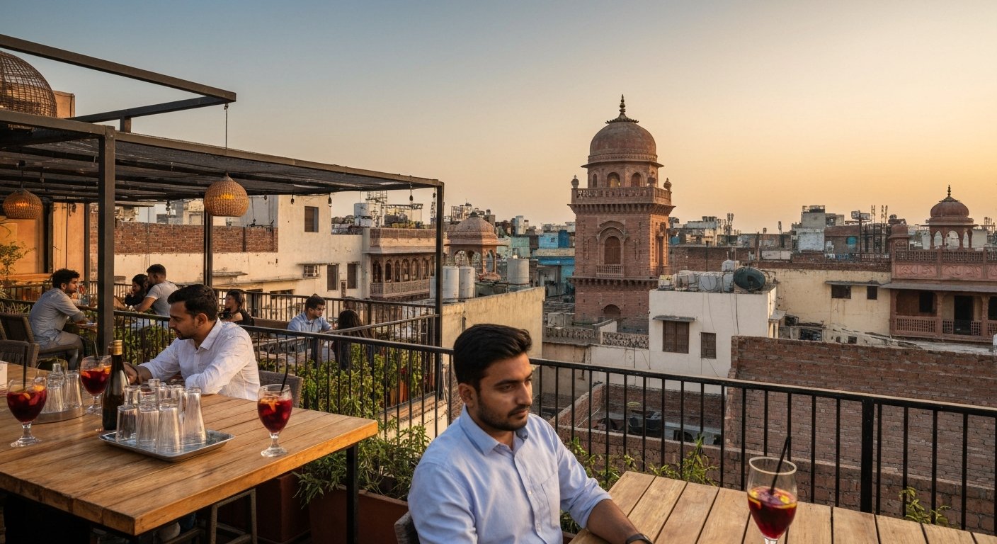 the rooftop bar scene at Imperfecto overlooking the Hauz Khas skyline, sangria pitchers and warm evening light over the village rooftops