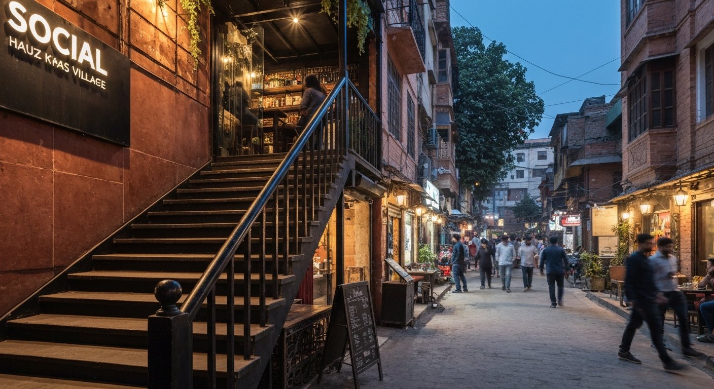the entrance stairwell to Social in Hauz Khas Village, industrial-cool interiors just visible as the lane outside fills with evening crowds