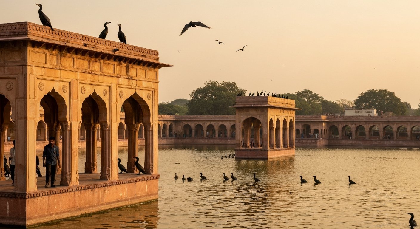 the arcaded ruins of the Hauz Khas Complex with cormorants over the reservoir at late afternoon, the water lit gold before closing time