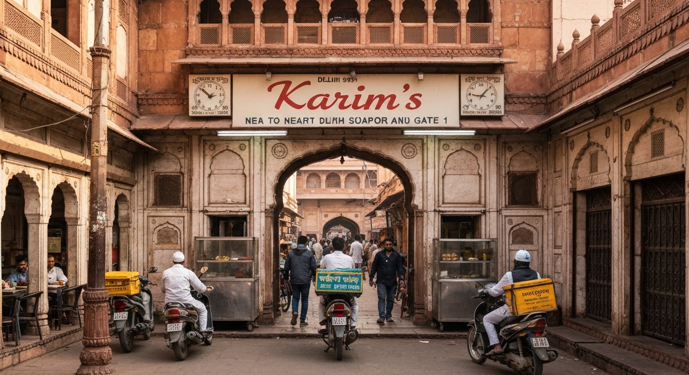 the entrance to Karim's near Jama Masjid Gate 1, with a simple signboard and a busy lane of diners and delivery riders at midday
