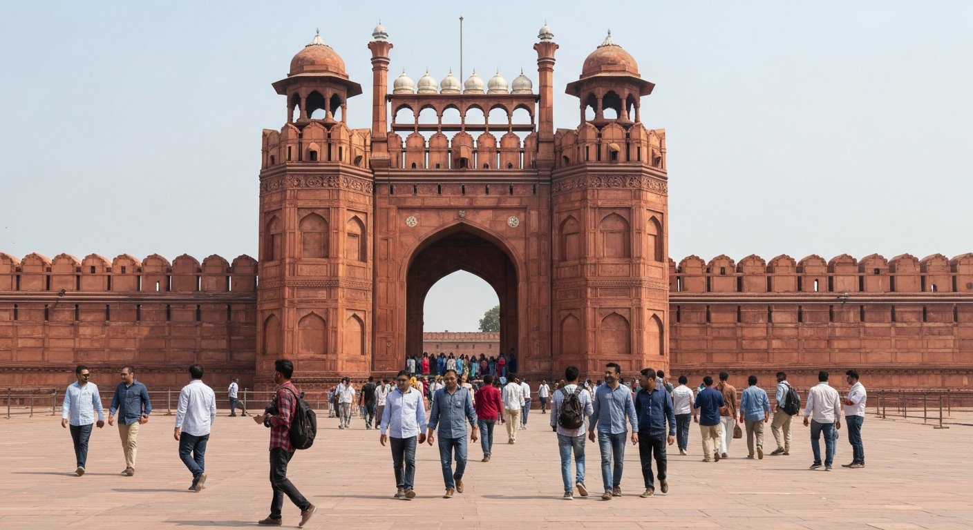 the Red Fort's Lahori Gate in Old Delhi, red sandstone walls and the main entrance crowded with visitors in bright daylight